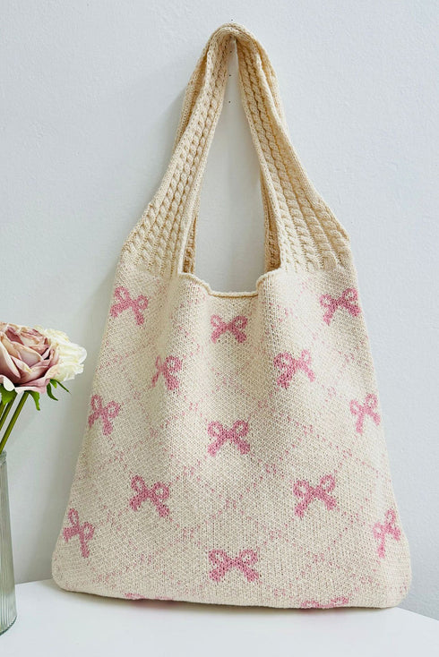 Textured Knit Bowknot Strap Soft Shoulder Bag