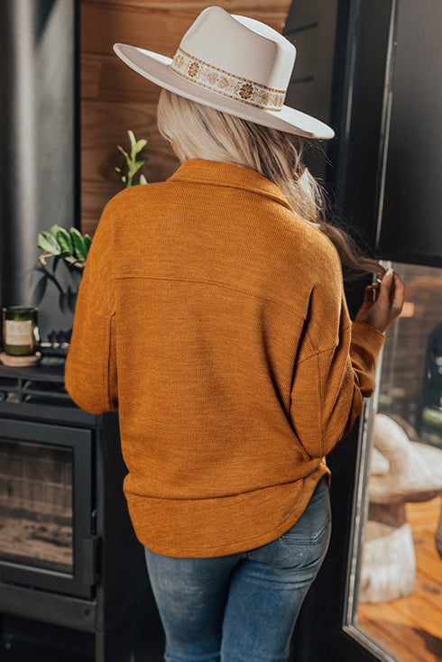 Textured Knit Button Front Flap Pocket Drop Shoulder Shacket