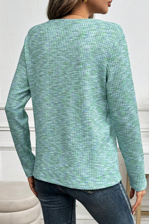 Textured Knit Buttoned V Neck Long Sleeve Top