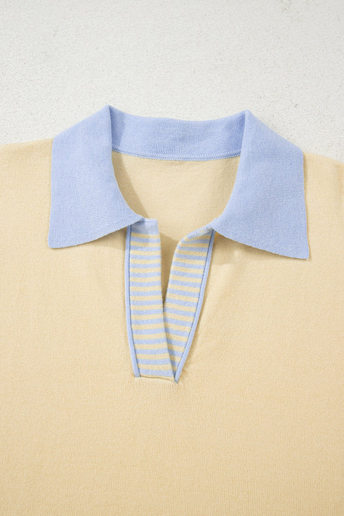 Textured Knit Collared V Neck Polo Sweater