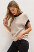 Textured Knit Contrast Trim Cap Sleeve Sweater Top