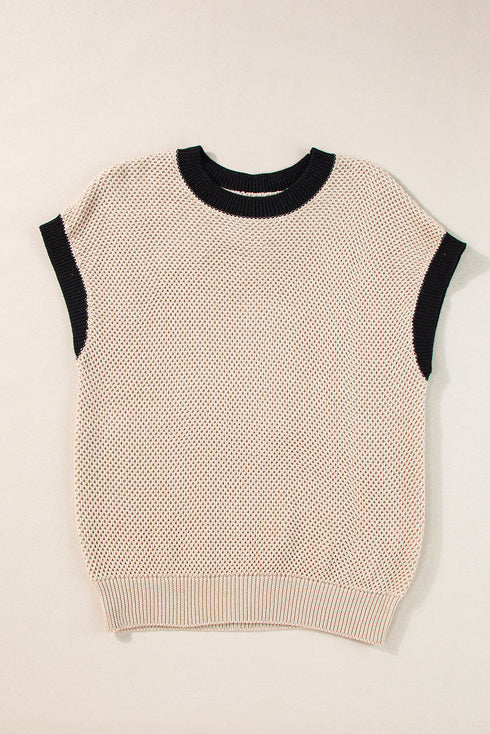 Textured Knit Contrast Trim Cap Sleeve Sweater Top