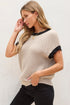 Textured Knit Contrast Trim Cap Sleeve Sweater Top