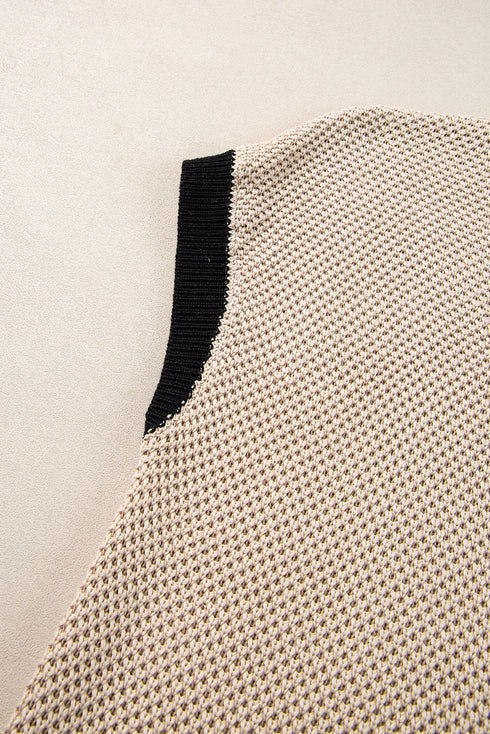 Textured Knit Contrast Trim Cap Sleeve Sweater Top