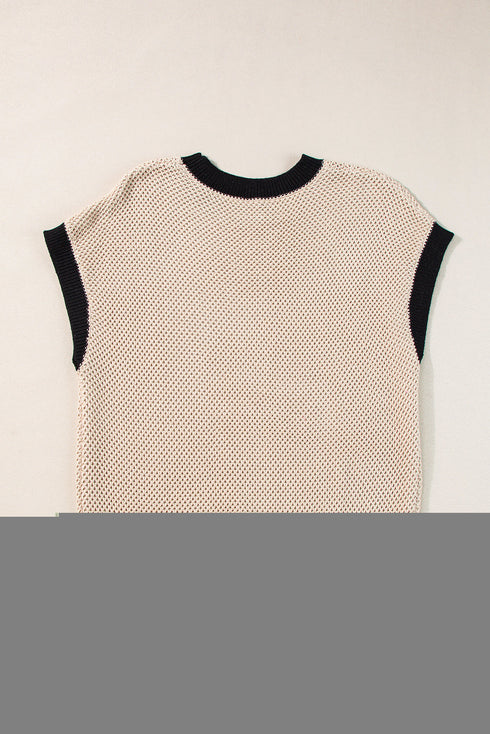 Textured Knit Contrast Trim Cap Sleeve Sweater Top