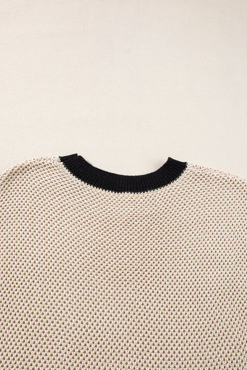 Textured Knit Contrast Trim Cap Sleeve Sweater Top