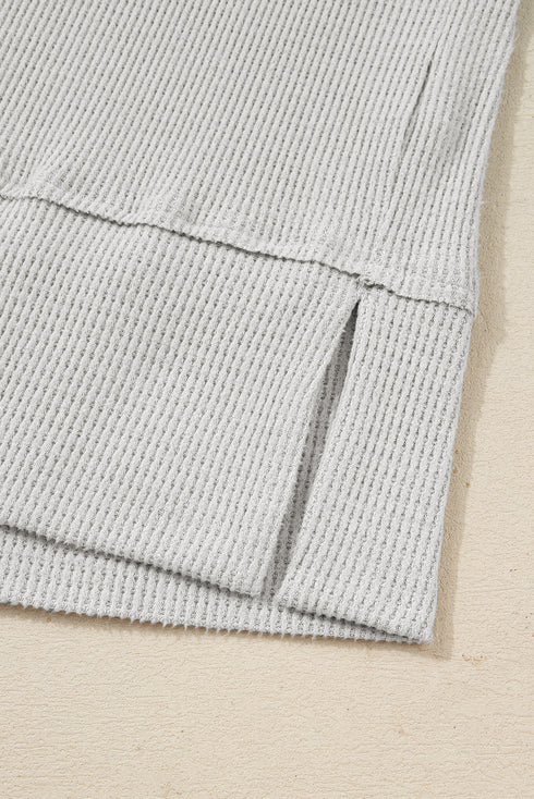 Textured Knit Drawstring Cowl Neck Oversize Slit Hem Top