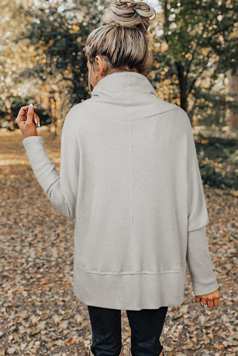 Textured Knit Drawstring Cowl Neck Oversize Slit Hem Top