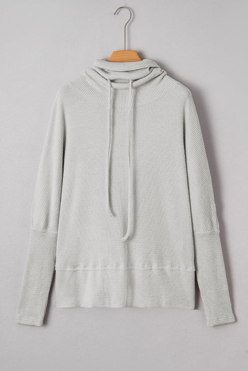 Textured Knit Drawstring Cowl Neck Oversize Slit Hem Top