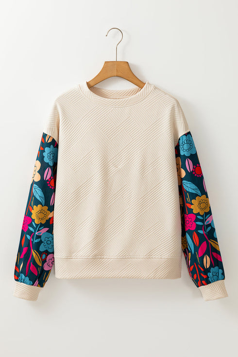 Textured Knit Drop Shoulder Floral Print Sleeve Top