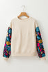 Textured Knit Drop Shoulder Floral Print Sleeve Top