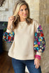 Textured Knit Drop Shoulder Floral Print Sleeve Top