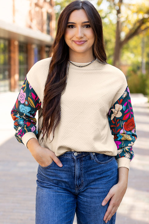 Textured Knit Drop Shoulder Floral Print Sleeve Top