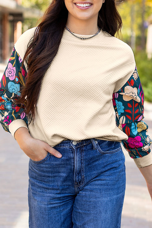 Textured Knit Drop Shoulder Floral Print Sleeve Top