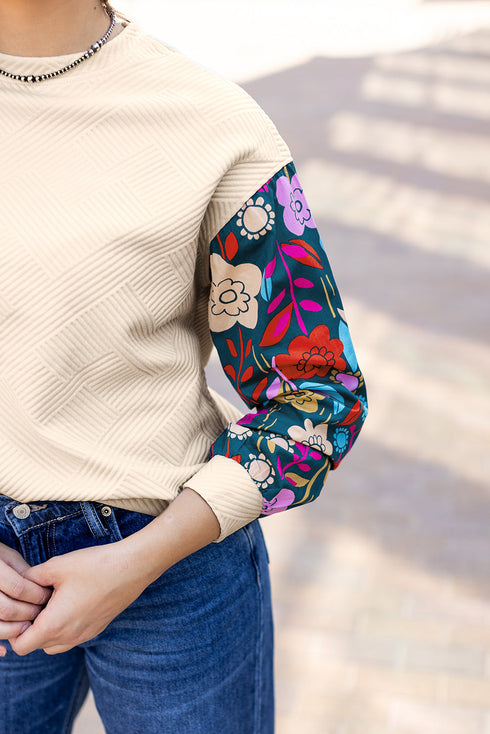 Textured Knit Drop Shoulder Floral Print Sleeve Top