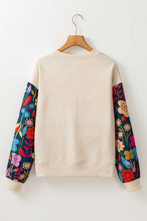 Textured Knit Drop Shoulder Floral Print Sleeve Top