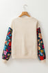 Textured Knit Drop Shoulder Floral Print Sleeve Top