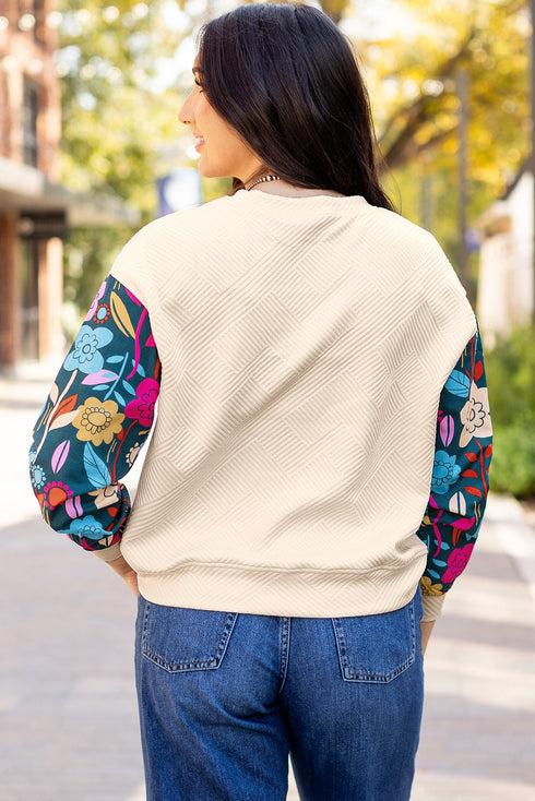 Textured Knit Drop Shoulder Floral Print Sleeve Top