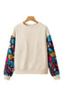 Textured Knit Drop Shoulder Floral Print Sleeve Top