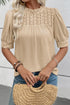 Textured Knit Eyelet Ruffled Short Sleeve Blouse