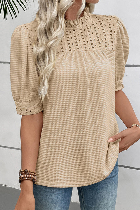 Textured Knit Eyelet Ruffled Short Sleeve Blouse