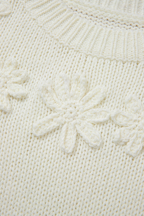 Textured Knit Floral Applique Balloon Sleeve Sweater