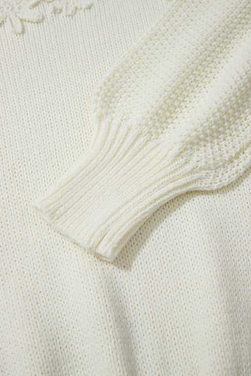 Textured Knit Floral Applique Balloon Sleeve Sweater