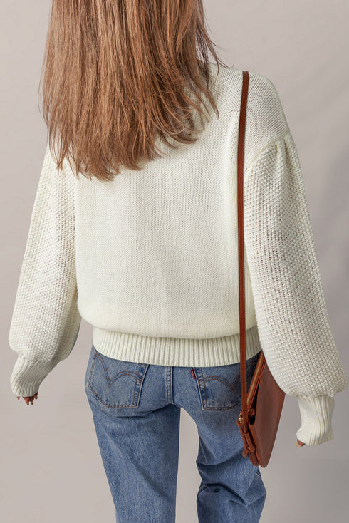 Textured Knit Floral Applique Balloon Sleeve Sweater