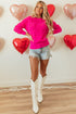 Textured Knit Heart Pattern Crew Neck Sweater