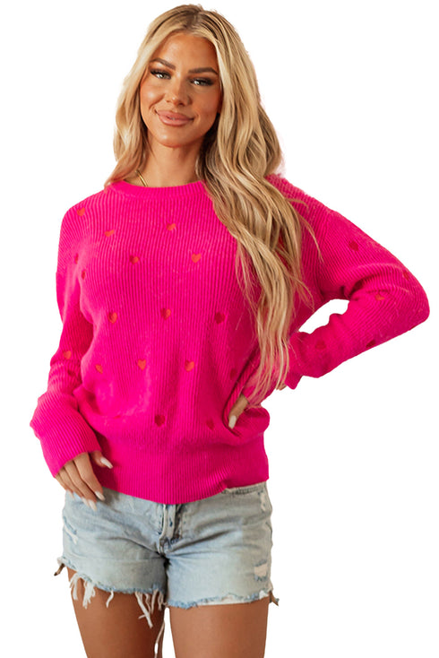 Textured Knit Heart Pattern Crew Neck Sweater