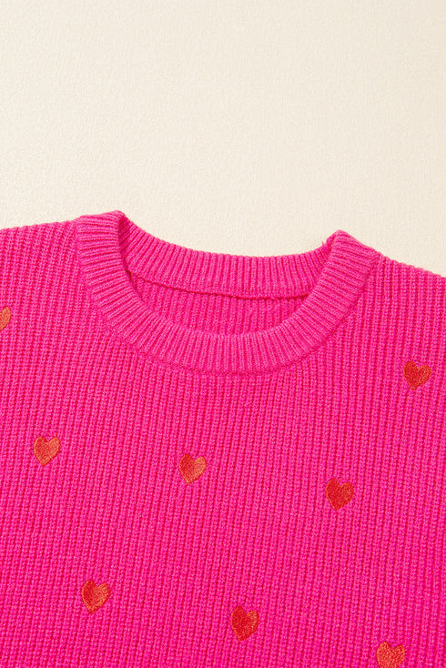 Textured Knit Heart Pattern Crew Neck Sweater