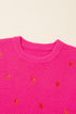 Textured Knit Heart Pattern Crew Neck Sweater
