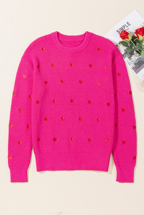 Textured Knit Heart Pattern Crew Neck Sweater