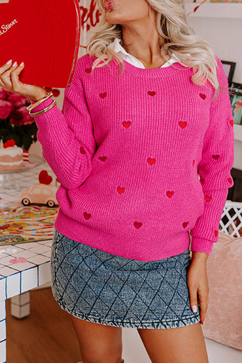 Textured Knit Heart Pattern Crew Neck Sweater