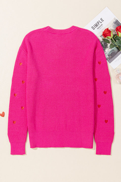 Textured Knit Heart Pattern Crew Neck Sweater