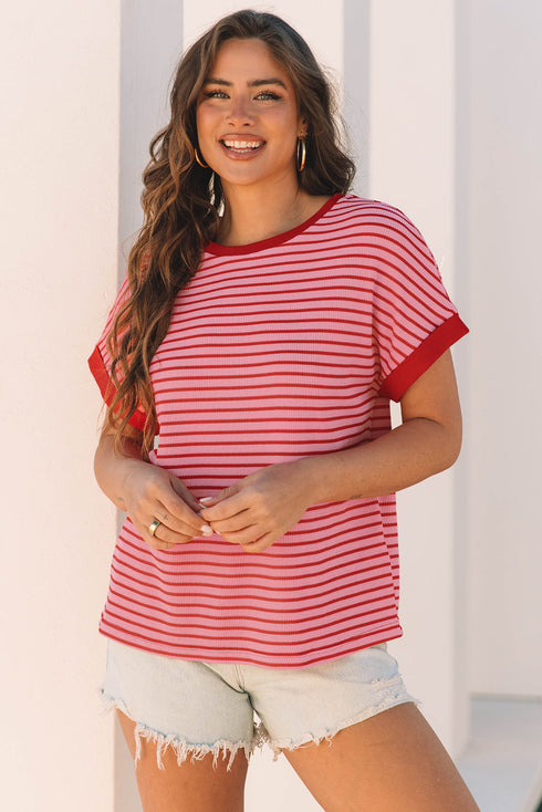 Textured Knit Horizontal Stripe Round Neck Short Sleeve Tee