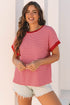 Textured Knit Horizontal Stripe Round Neck Short Sleeve Tee