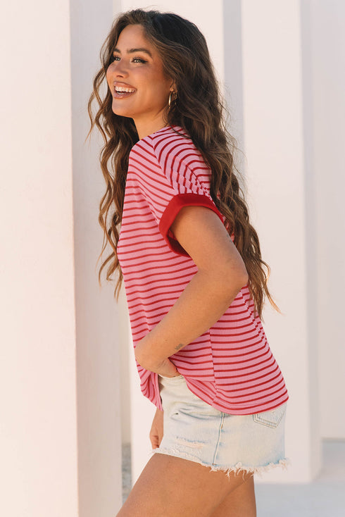Textured Knit Horizontal Stripe Round Neck Short Sleeve Tee
