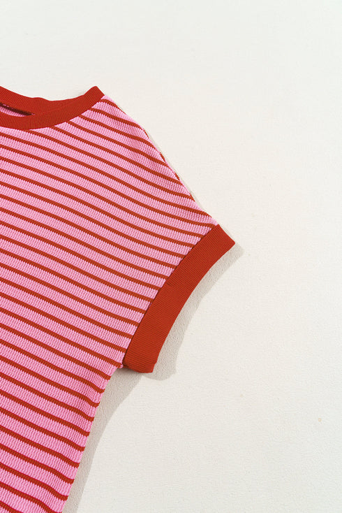 Textured Knit Horizontal Stripe Round Neck Short Sleeve Tee