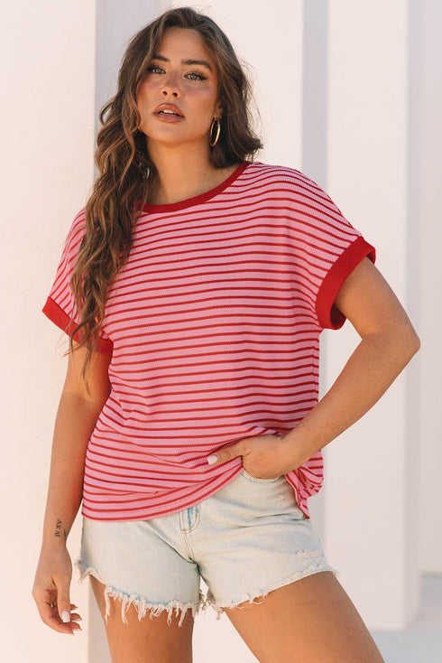 Textured Knit Horizontal Stripe Round Neck Short Sleeve Tee