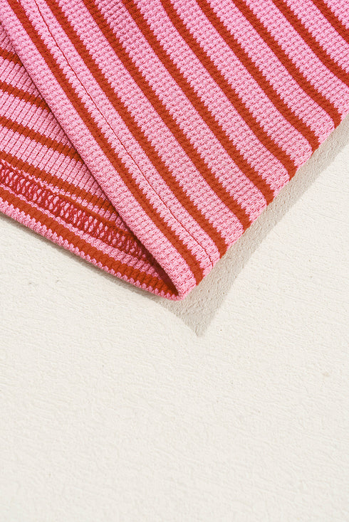 Textured Knit Horizontal Stripe Round Neck Short Sleeve Tee