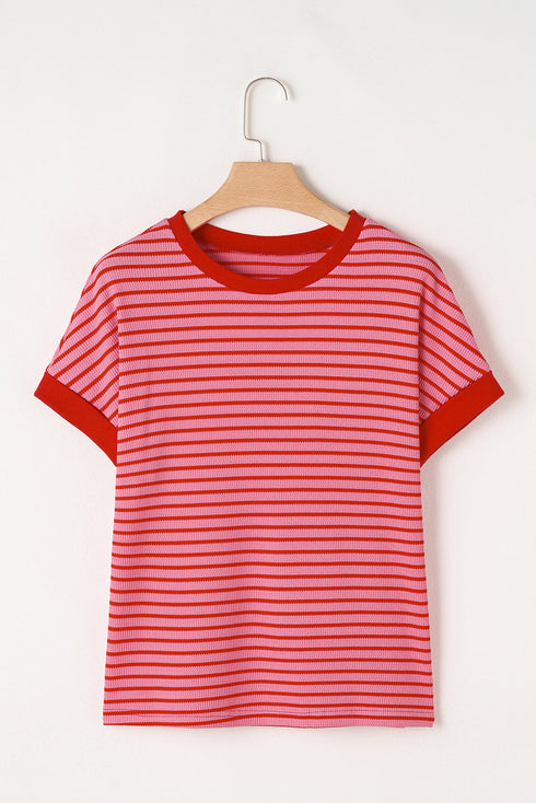 Textured Knit Horizontal Stripe Round Neck Short Sleeve Tee