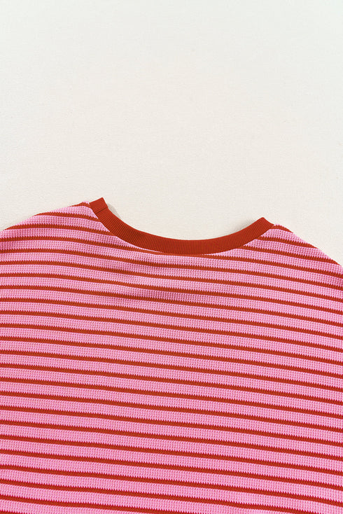 Textured Knit Horizontal Stripe Round Neck Short Sleeve Tee