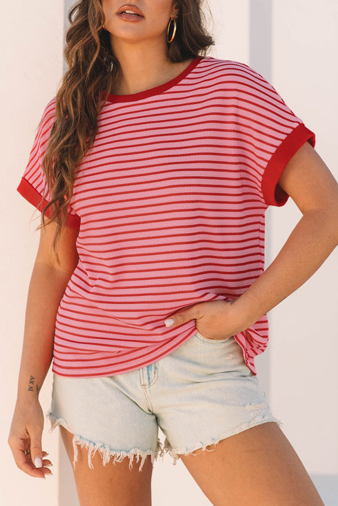 Textured Knit Horizontal Stripe Round Neck Short Sleeve Tee