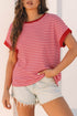 Textured Knit Horizontal Stripe Round Neck Short Sleeve Tee