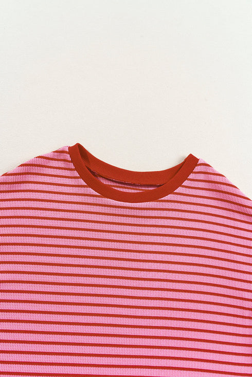 Textured Knit Horizontal Stripe Round Neck Short Sleeve Tee