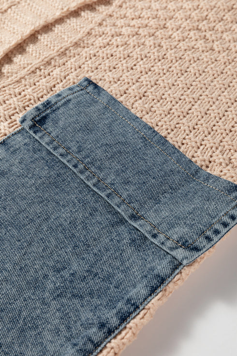 Textured Knit Open Front Mixed Media Pocket Cardigan