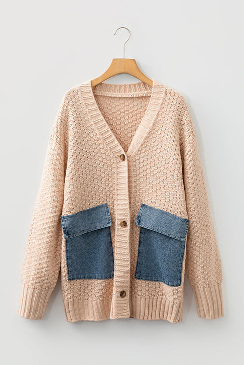 Textured Knit Open Front Mixed Media Pocket Cardigan