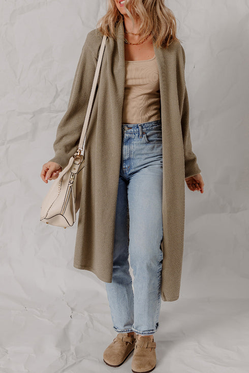 Textured Knit Open Front Oversized Midi Sweater Cardigan