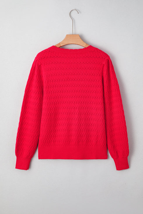 Textured Knit Puff Sleeve Crew Neck Sweater